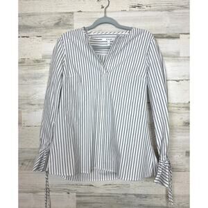 Derek Lam 10 Crosby Womens 4 White Gray Striped Cotton Cinch Wrist Boho Blouse